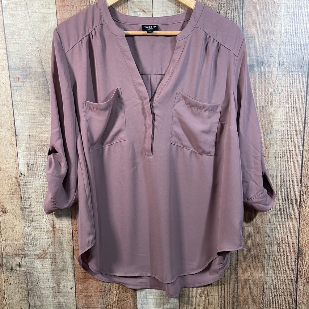 Torrid Mauve Purple Harper Georgette Roll Tab Sleeve Blouse Top Size 0 XL Plus